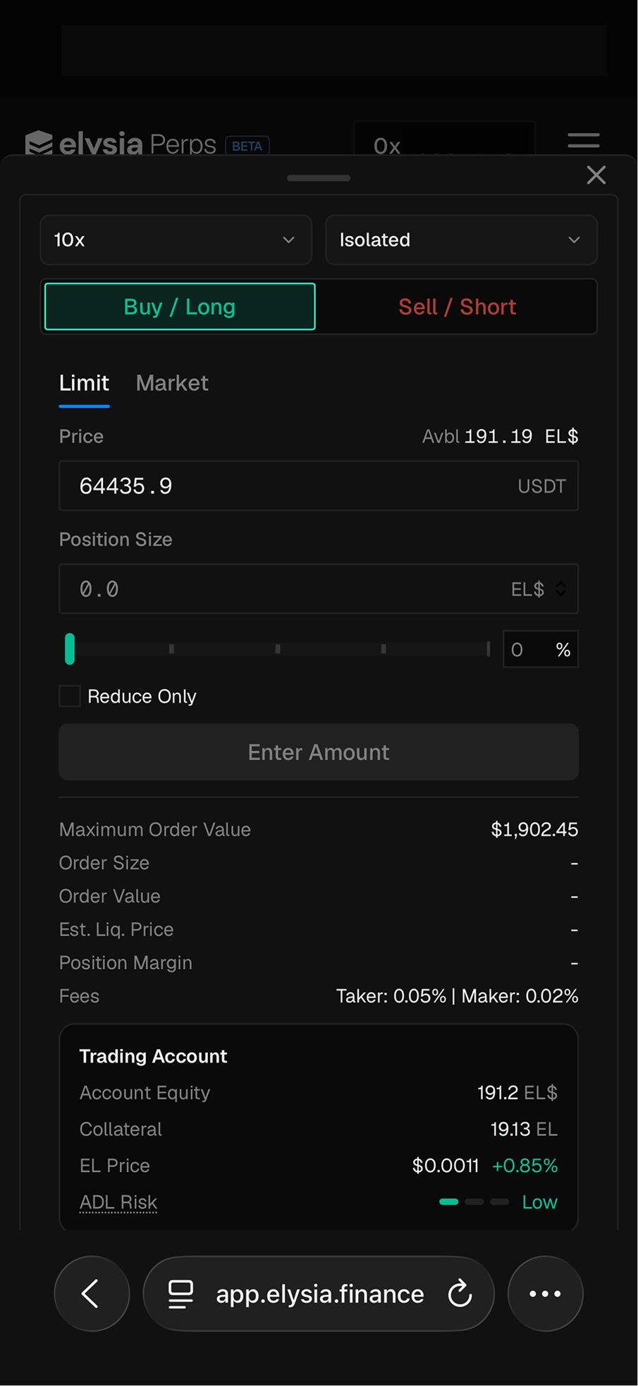 The order sheet on the Limit tab, with the Price field above position size