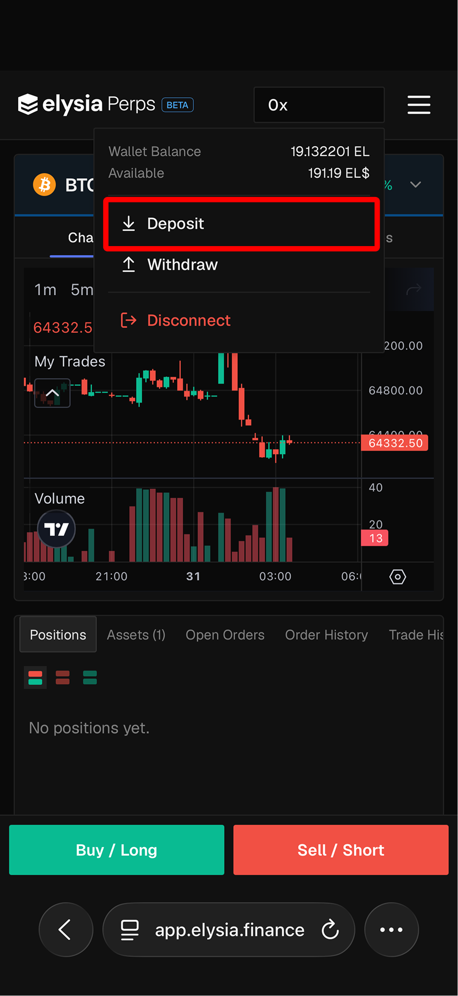 The wallet address menu, with the Deposit option highlighted