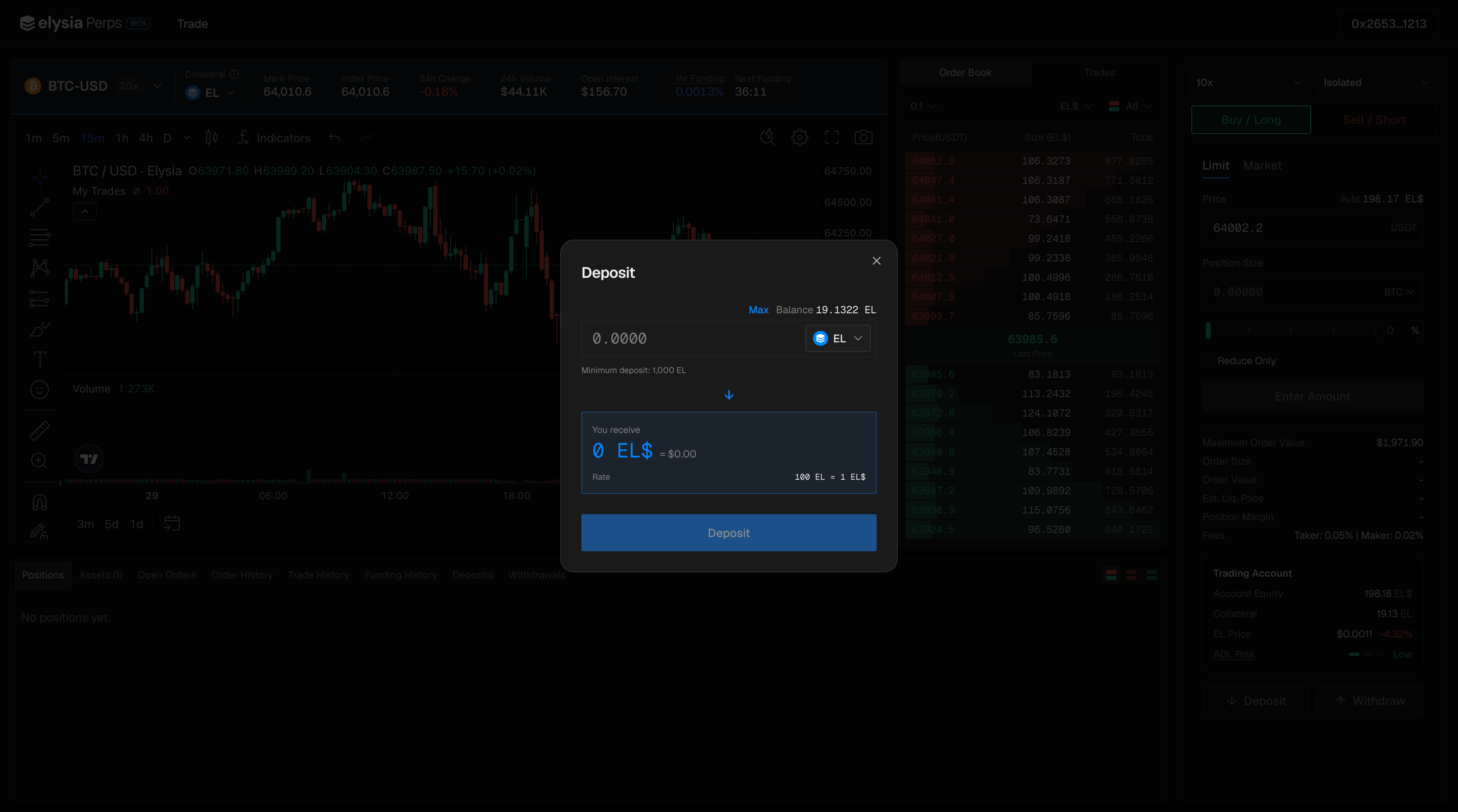 The Deposit modal, showing the amount field, the minimum, the conversion preview and the rate