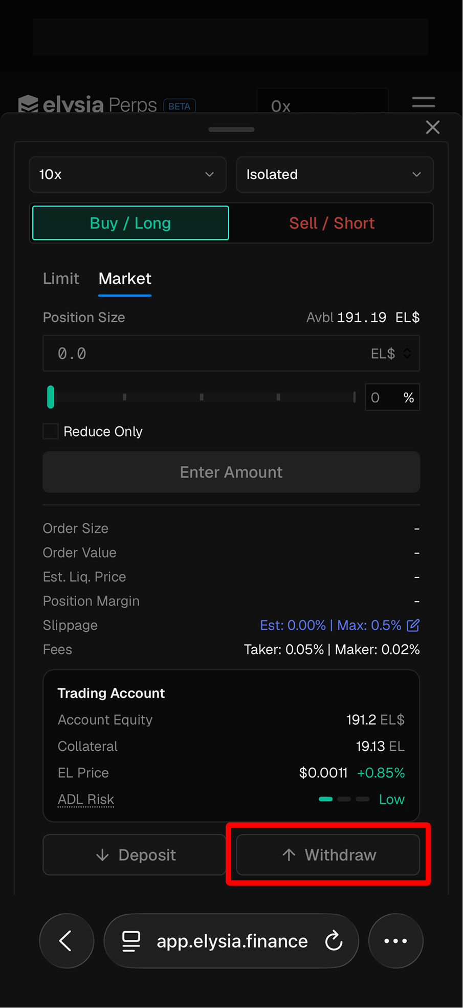 The bottom of the order sheet, with the Withdraw button highlighted