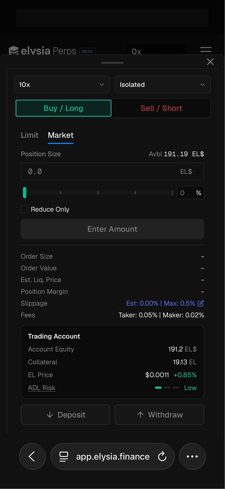 The order sheet on the Market tab, with position size, slippage and the order summary