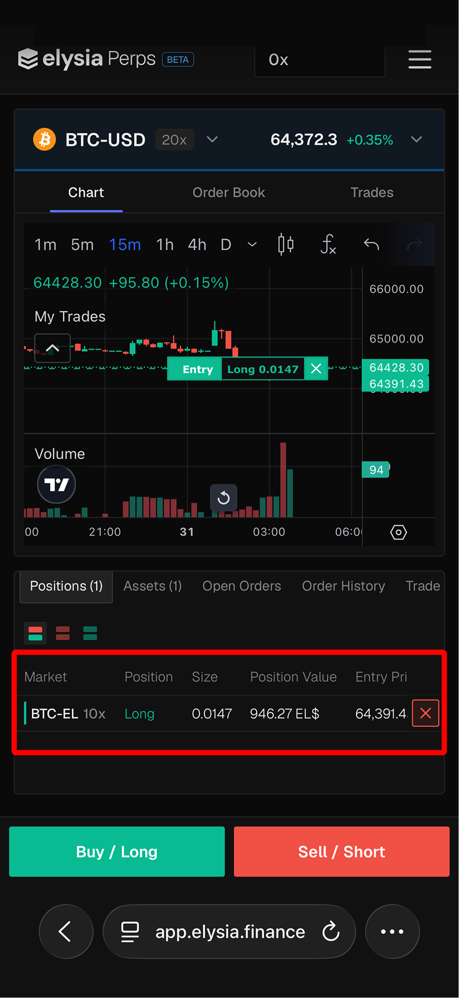 The Positions tab with an open position row and the close button at the right end