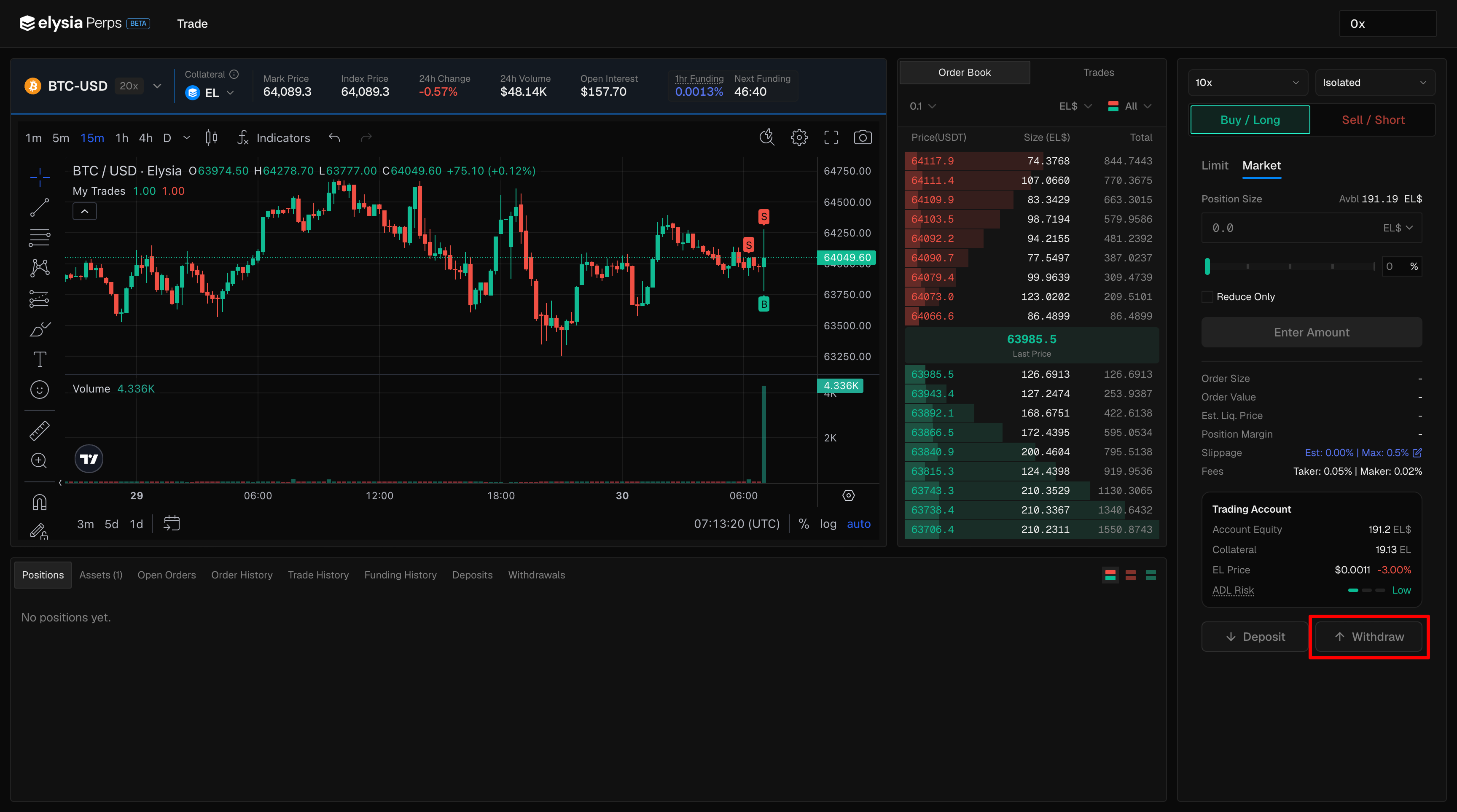 The Trading Account box with the Deposit and Withdraw buttons