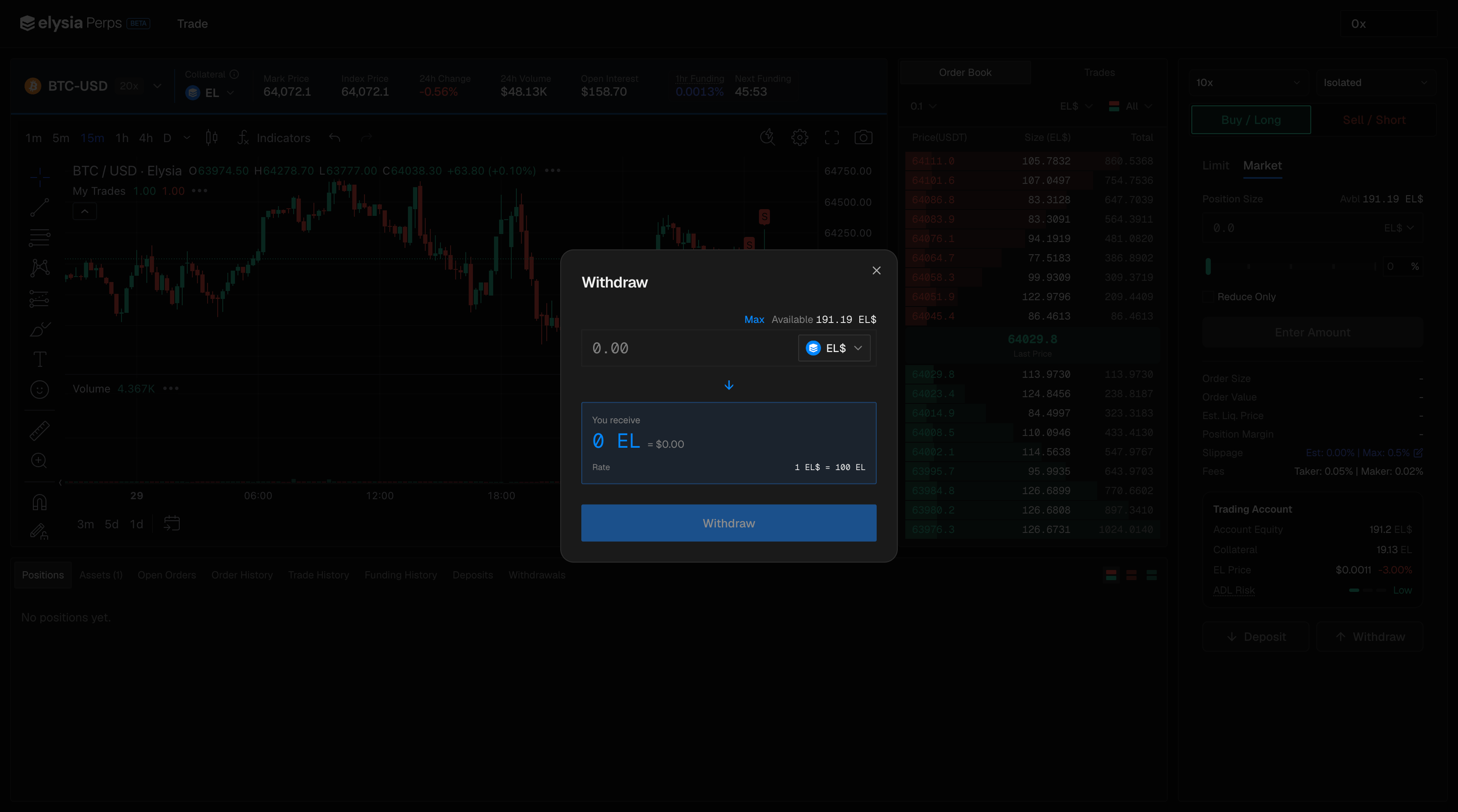 The Withdraw modal, showing the amount field and the EL conversion preview