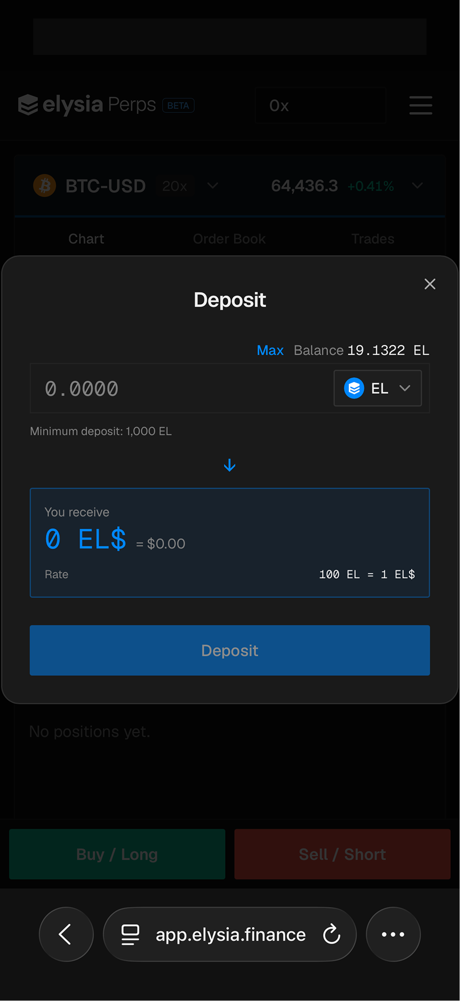 The Deposit modal, showing the amount field, the conversion preview and the rate