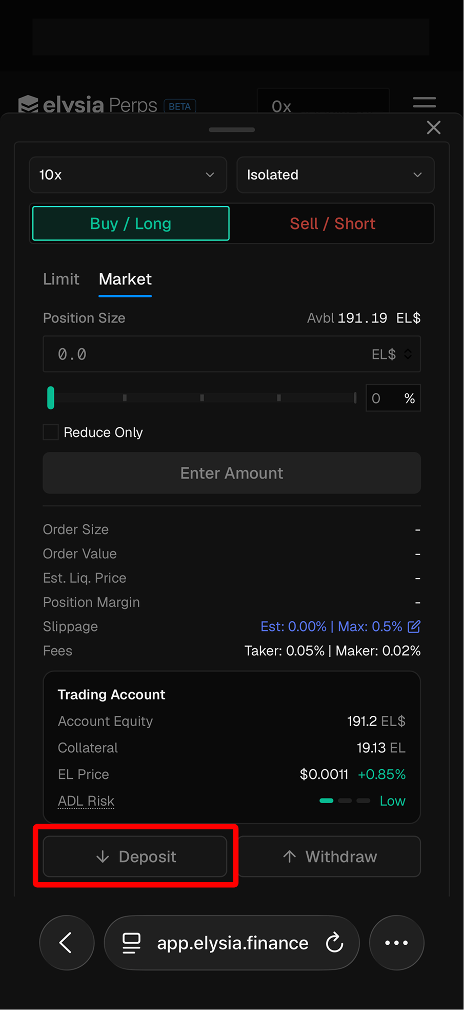 The bottom of the order sheet, with the Deposit button highlighted