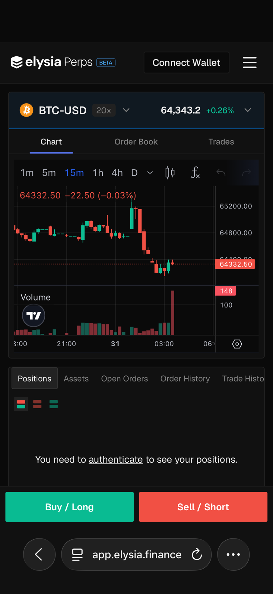 The mobile trading screen before connecting, with the chart, the tab row, and the Buy and Sell buttons at the bottom