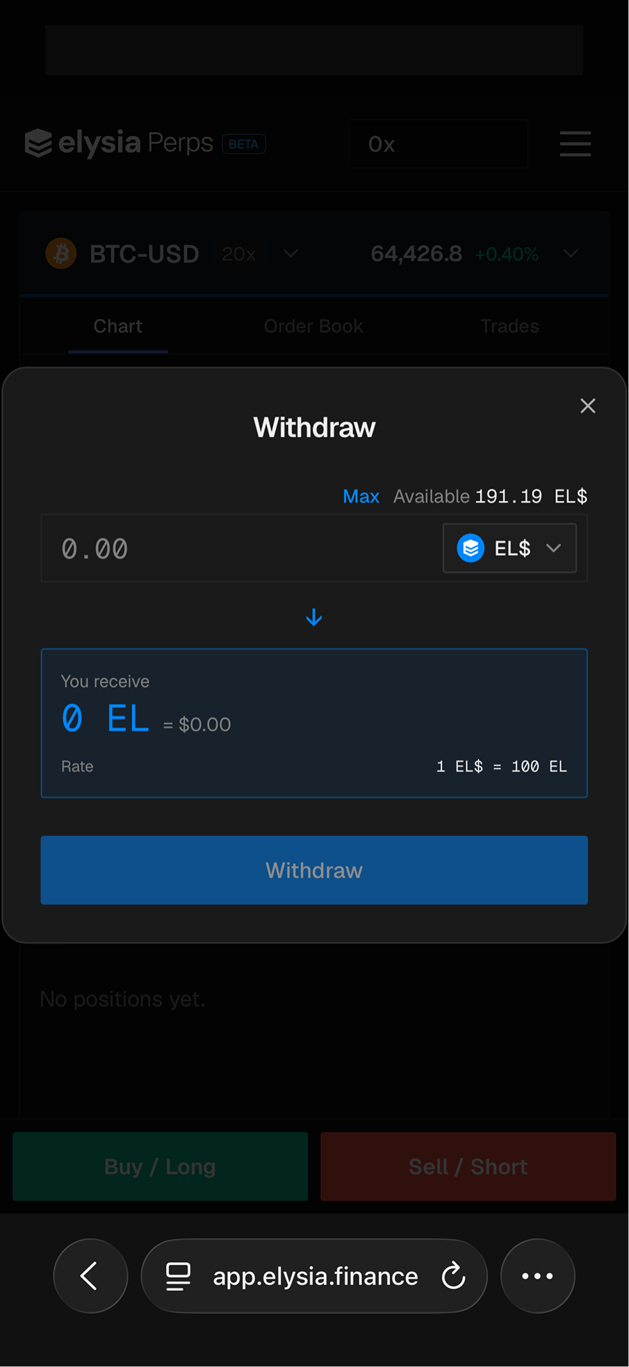 The Withdraw modal, showing the amount field and the EL conversion preview