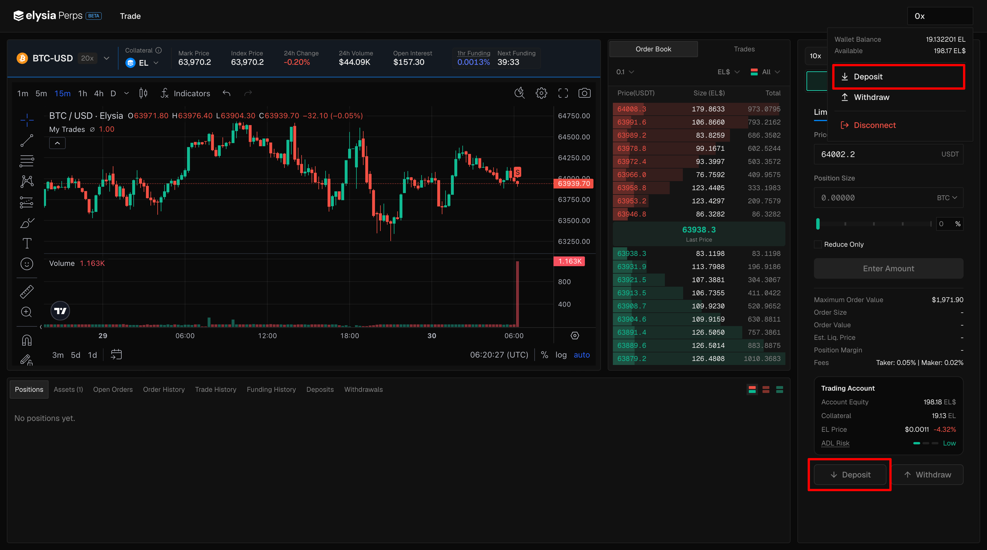 The two places the Deposit button appears: the wallet menu at the top right, and the Trading Account box