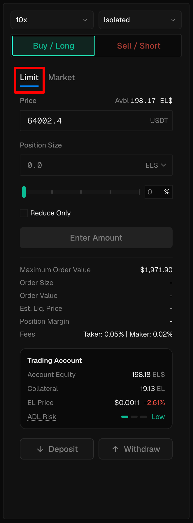 The order form on the Limit tab, with the Price field visible above position size